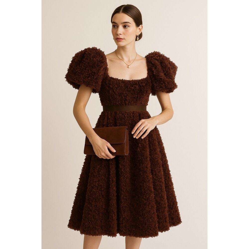 Jacquie The Label Ada Textured Midi Dress chocolate-brown Fall Dress size S NWT